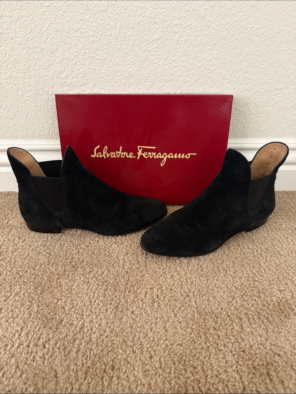 Salvatore Ferragamo Tilia Black Suede Chelsea Ankle Booties 7.5 B Box